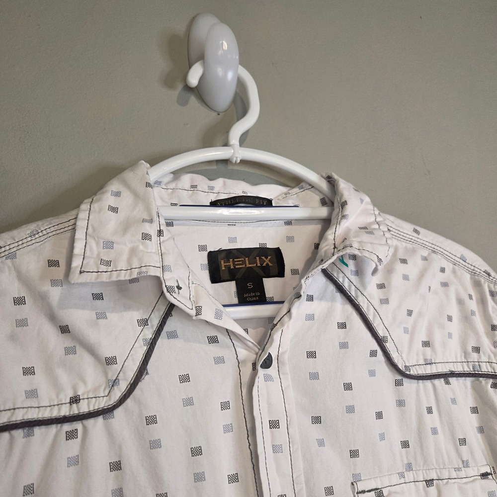 Helix Geometric Square Print Western Button Down Shirt Mens Small White Athletic